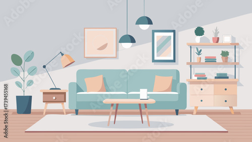 A living room with a blue couch, a coffee table, and a potted plant. The room has a modern and minimalist design