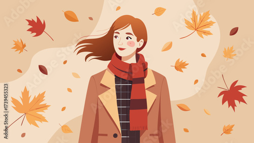 A woman wearing a scarf and jacket is standing in a field of autumn leaves. The leaves are scattered all around her, creating a sense of movement and energy