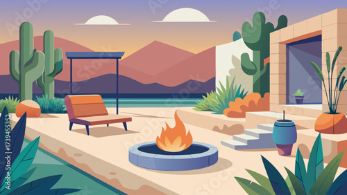A desert scene with a fire pit and a chair. The fire is orange and the sky is pink