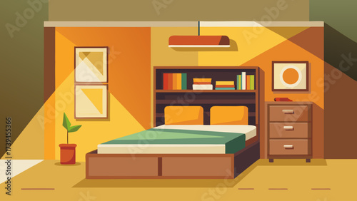 A bedroom with a bed, nightstand, and dresser. The room is bright and sunny, with a potted plant in the corner. The bed is covered in a green comforter and pillows