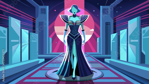 A woman in a blue dress stands in front of a wall. The dress is long and flowing, and the woman is wearing high heels. The image has a futuristic and sci-fi vibe