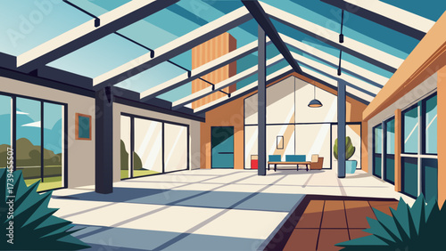 A large open space with a lot of windows and a potted plant. The room is very bright and airy, with a modern design