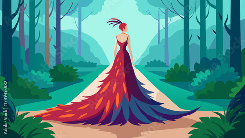 A woman in a red dress is walking down a path in a forest. The dress is long and flowing, and the woman is walking with confidence. The forest setting creates a sense of tranquility and natural beauty
