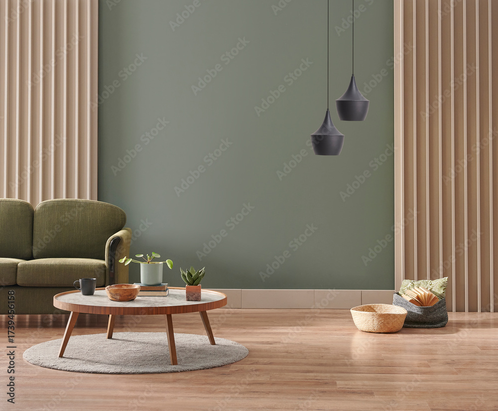 Obraz premium Green living room wall background with grey decorative chair, lamp frame middle table and poster style.