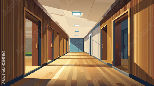 A long hallway with wooden doors and a light shining on the floor. The hallway is empty and the light is coming from above