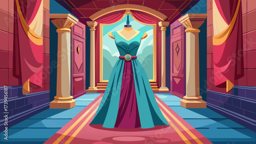 A blue dress is displayed in a room with red curtains. The dress is on a mannequin and is the center of attention. The room is decorated with red curtains and pillars, giving it a royal