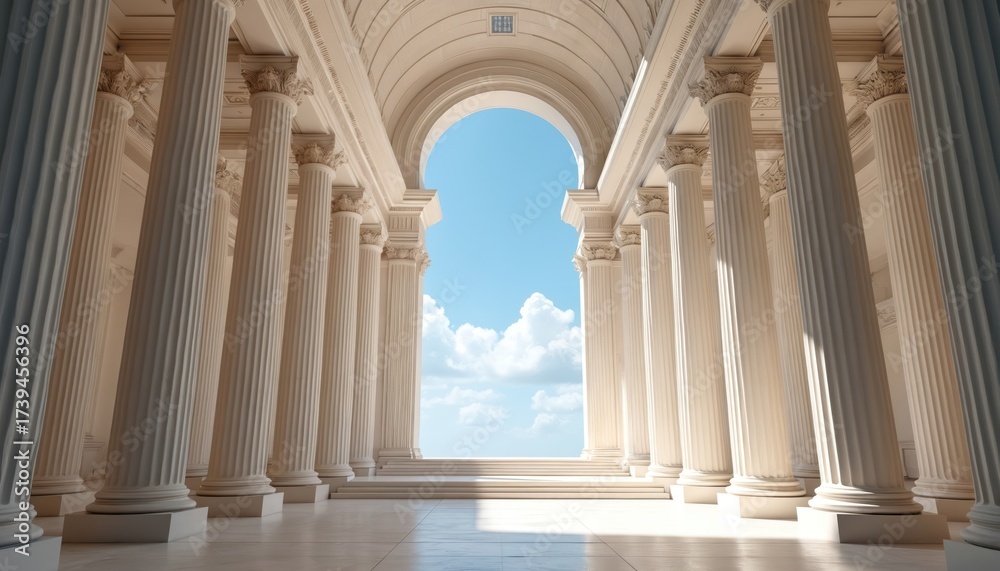 Fototapeta premium Grand white colonnade with classical columns and archway leading to blue sky with clouds. Sunlight casts shadows on marble floor. Elegant neoclassical architecture.