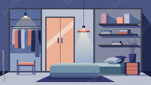 A bedroom with a bed, nightstand, and dresser. The dresser has a mirror and a lamp. The bed is covered with a blue comforter. The room is decorated in a minimalist style