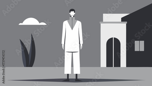 A man in a white suit stands in front of a building. The man is wearing a white jacket and pants. The building is a house