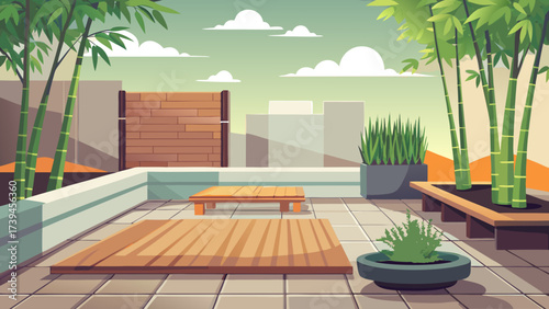 A drawing of a patio with a wooden floor and a few potted plants. The patio is surrounded by bamboo trees and has a bench and a small table. Scene is peaceful and relaxing