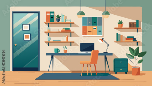 A clean and organized office space with a desk, chair, and bookshelves. The room is well-lit and has a modern, minimalist design