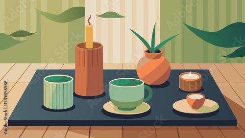 A table with a vase, a candle, and a cup. The table is set for a relaxing evening