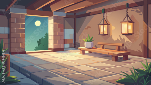 A room with a bench and a potted plant. The room is dimly lit and has a cozy atmosphere