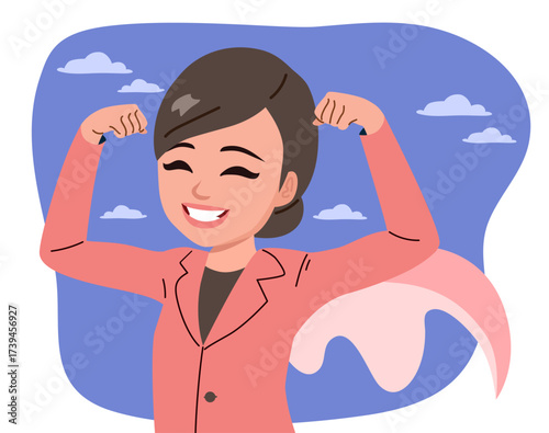 Vector cartoon illustration of a confident Japanese business woman wearing a pink suit with clenched arms in superhero pose. Symbol of leadership, empowerment, ambition and professional success