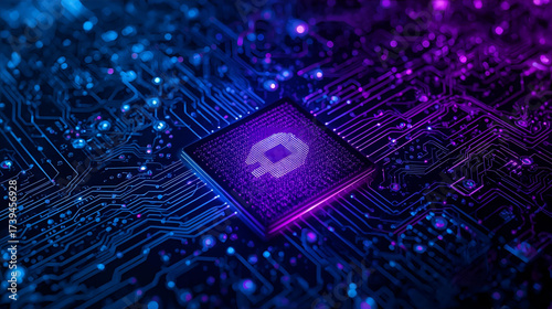 Close-up of a glowing microchip on a futuristic circuit board with vibrant blue and purple neon lights, symbolizing advanced technology and digital innovation.