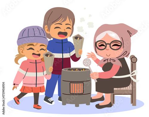 Vector cartoon illustration of little children buying roasted chestnuts from a castanyera during the traditional Spanish Castanyada celebration. Clip art for autumn, cultural events, seasonal food and