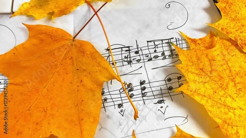 Creating the Sound of Autumn: A Music Producer's Setup with MIDI Keyboard, Microphone, and Headphones Surrounded by Warm Fall Leaves and Handwritten Sheet Music embodying seasonal creative inspiration