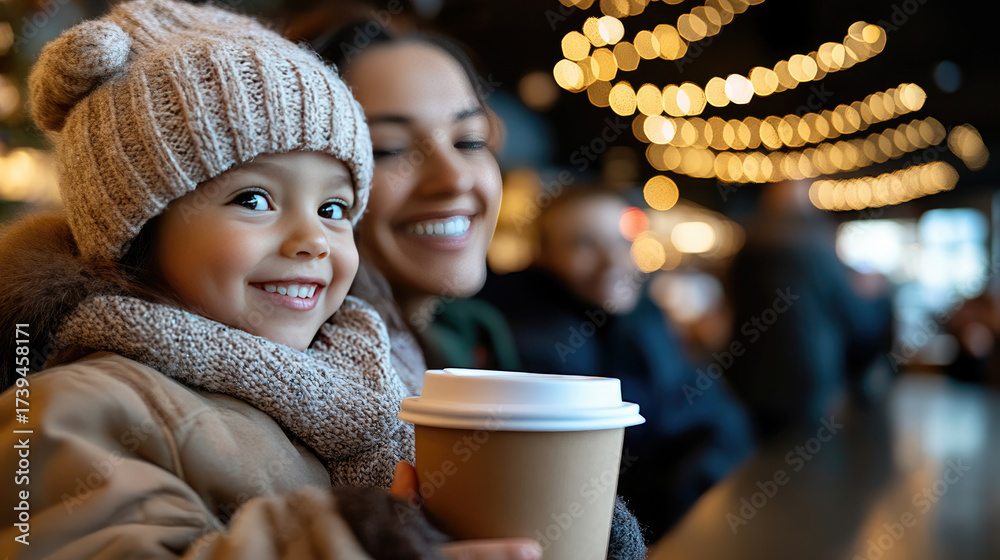 © syhin_stas - father with child drinking festive latte in festively decorated coffee shop, cozy winter atmosphere, copy space