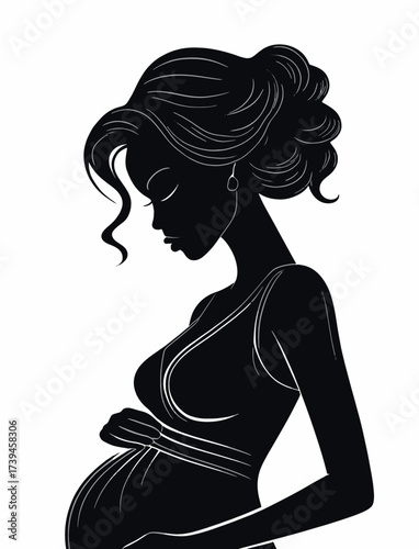 Elegant silhouette of a pregnant black woman in profile. Artistic black and white illustration showing beauty, motherhood, maternity, expectation, feminine strength, love, and the miracle of new life.