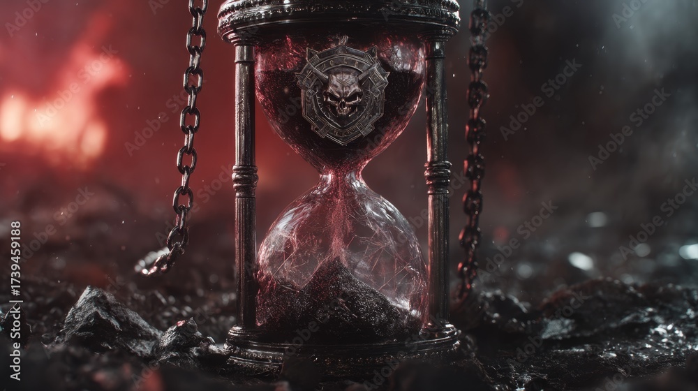 Naklejka premium Cracked hourglass with dark sand chained in fiery inferno environment.