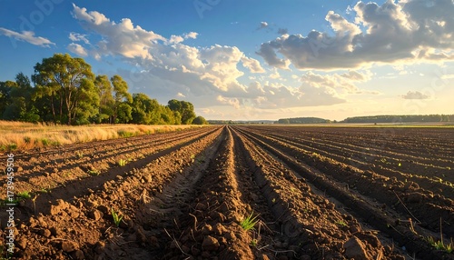 Furrowed Field at Sunset - Golden Light on Cultivated Land Under a Dramatic Sky.