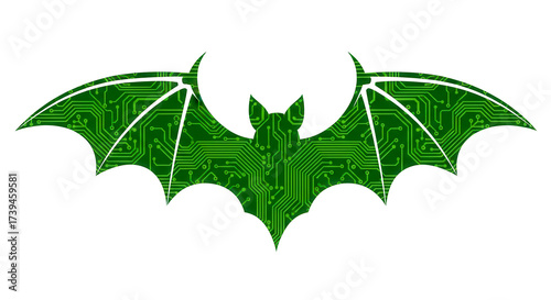 Graphic illustration of a single bat, its wings are made of solid, opaque green circuit board patterns, clean sharp edges Isolated On Transparent Background	