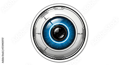 Vector illustration of a single cyborg eyeball with a solid graphic camera lens Isolated On Transparent Background	