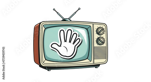 Vector illustration of a vintage TV set, with a solid white cartoon hand printed on the screen Isolated On Transparent Background	