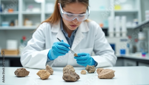 Female scientist examines rock samples in lab. Geologist studies earth minerals with tools. Researcher analyzes geology data for scientific discovery.