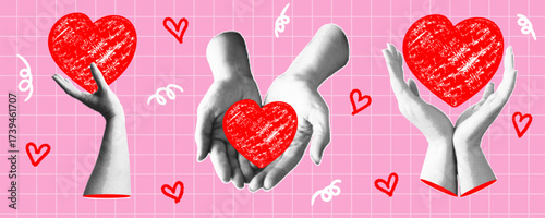 Halftone hands with red hearts set. Trendy collage banner with elements for valentine day, wedding, charity or donation. Love symbol. Modern art with halftone effects. Vector pop art illustration