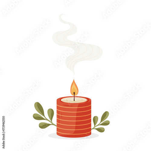 Decorative red striped candle with flame and smoke, cozy home concept, holidays