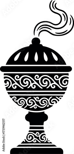 Black ornate incense burner or censer vector with smoke for religious ritual, aromatherapy, spirituality, meditation, antique decor, and elegance design graphic.