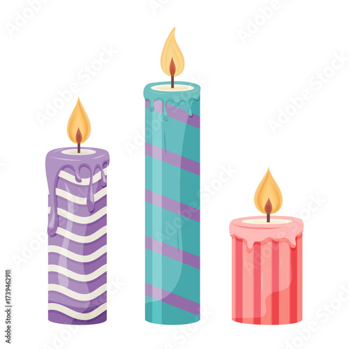 Three colorful striped candles with melting wax and flames
