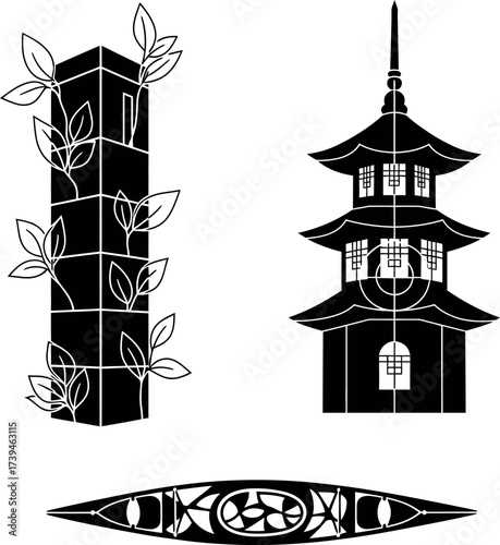 Black Japanese pagoda, pillar with leaves, and stylized boat vector set for asian culture, travel, ancient architecture, nature, tranquility, and design elements.