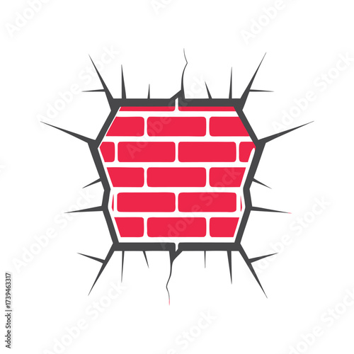 Red brick wall cracked open with sharp grey shards on white background vector