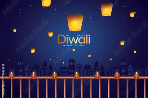 Happy Diwali greeting design with oil lamps lit on a balcony railing with floating lantern in the night sky background. Indian hindu festival concept for poster, banner.
