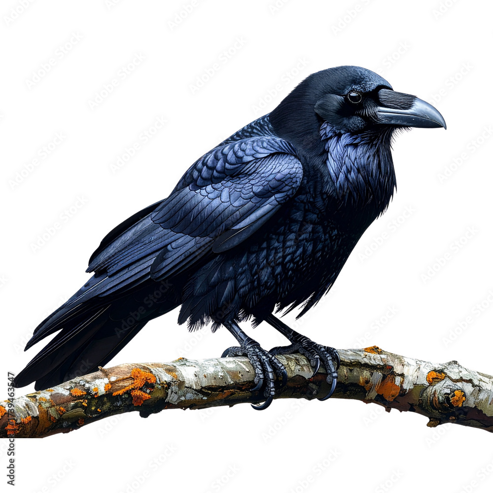Fototapeta premium Close-Up Raven Facing Left on Curved Tree Branch, Feathers Detailed, Isolated PNG 