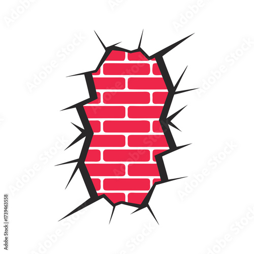 Red brick wall with jagged black cracks on white background vector 1