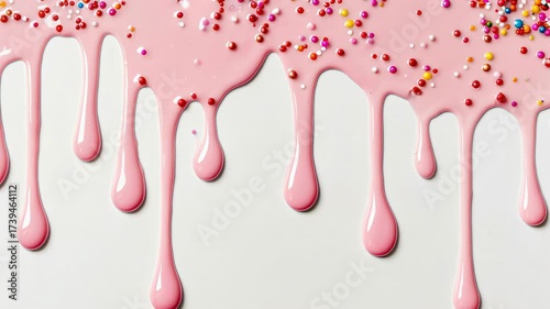 Top-down view of pink paint dripping with colorful sprinkles, resembling a playful, abstract art style, perfect for a creative video backdrop. Live desktop wallpaper.