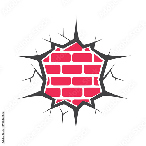 Red brick wall with sharp grey cracks radiating outwards vector
