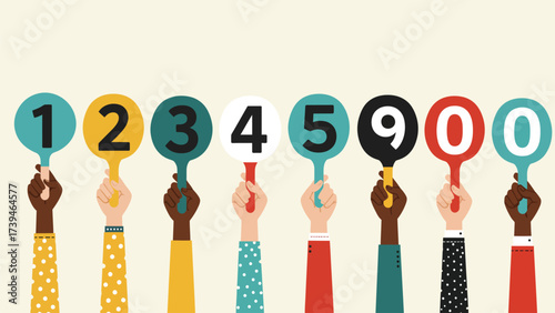 Diverse Hands Holding Number Paddles for Voting, Scoring, and Ranking