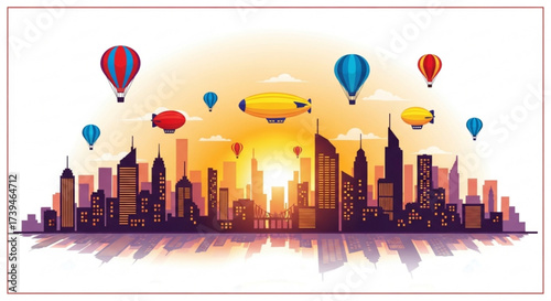 A vibrant cityscape silhouette with hot air balloons and airships against a warm sunset, perfect for travel posters