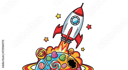 A whimsical rocket ship blasts off from a candy planet, , symbolizing adventure, imagination, and sweet dreams
