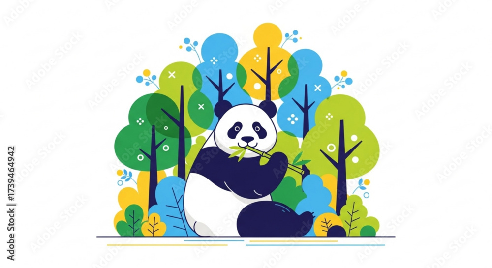Naklejka premium Illustration of a panda eating bamboo in a forest with colorful trees and plants