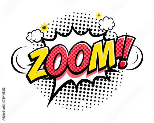 Sound effect bubble with exclamation ‘Zoom!’ in retro halftone comic book style