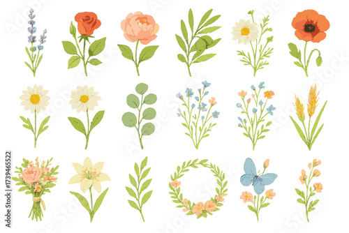 Floral Botanical Icon Set — Minimal Wildflower and Leaf Collection for Nature and Garden Design
