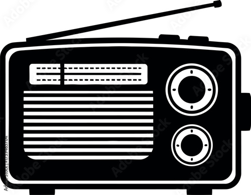 Black vintage radio silhouette vector illustration for music, news, retro style, broadcast, audio entertainment, communication, and analog technology graphic design.