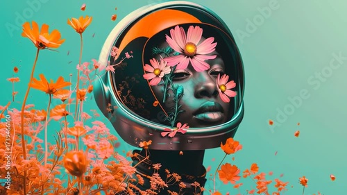 A futuristic female alien warrior astronaut robot wearing a cyber suit and helmet, merging nature and science, decorated with fresh spring red poppy flowers that symbolize the spirit of Valentine’s Da