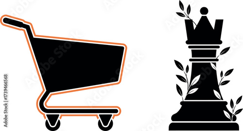 Shopping cart and chess rook with leaves for retail strategy, e-commerce, business growth, online shopping, victory, and intelligent marketing vector illustration.