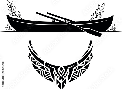 Black rowboat with oars and olive branches above a tribal polynesian pattern for travel, adventure, tattoo art, culture, and nature vector design element.